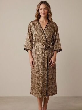 Natori Sz 1X Leopard Print Satin Long Lingerie Belted Robe